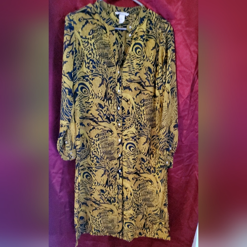 H&M Green and Blue Long Sleeve Mandarin Collar Dress